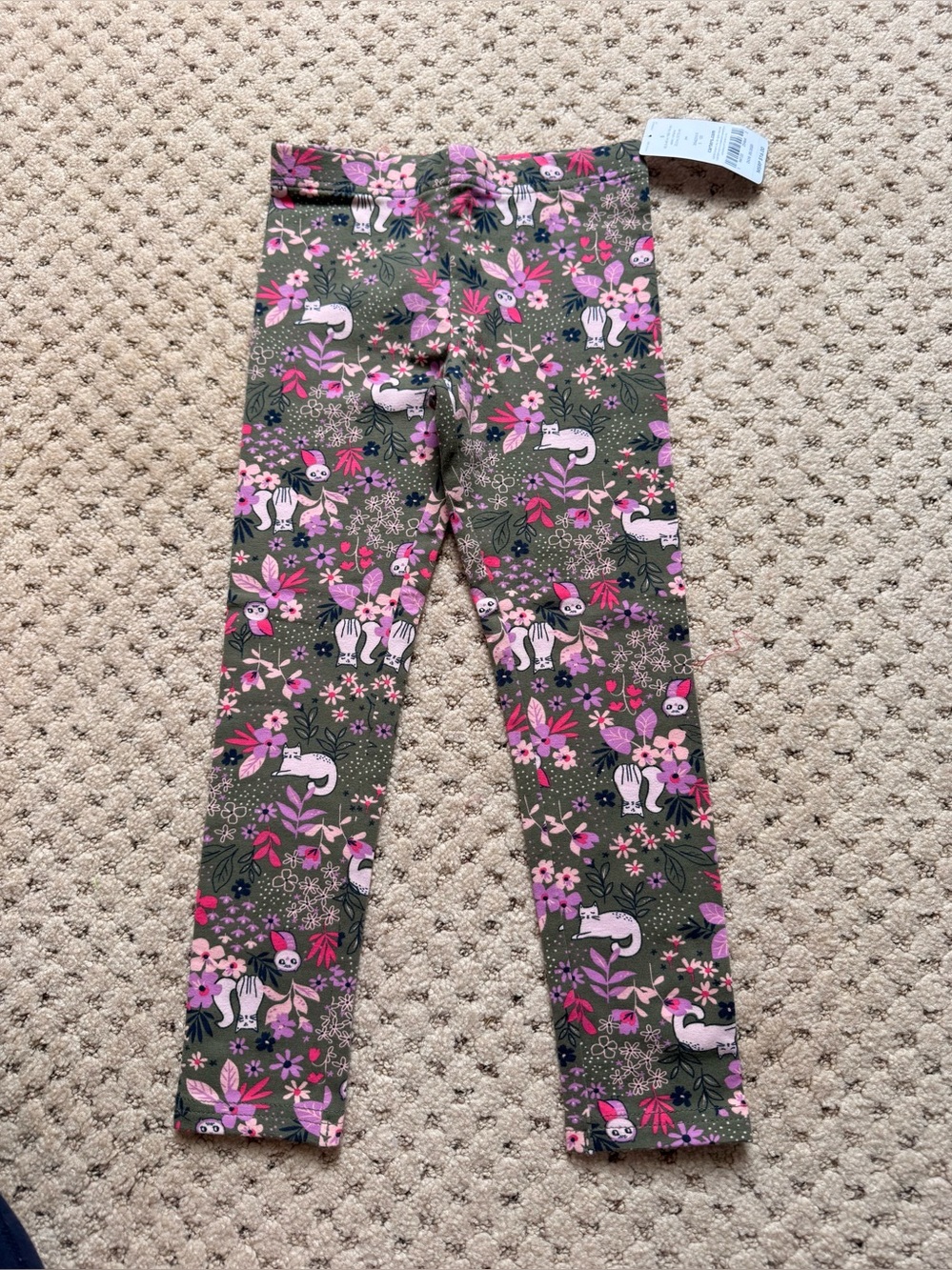 Girls' Olive Floral Sloth Print Leggings - Kids Bottoms